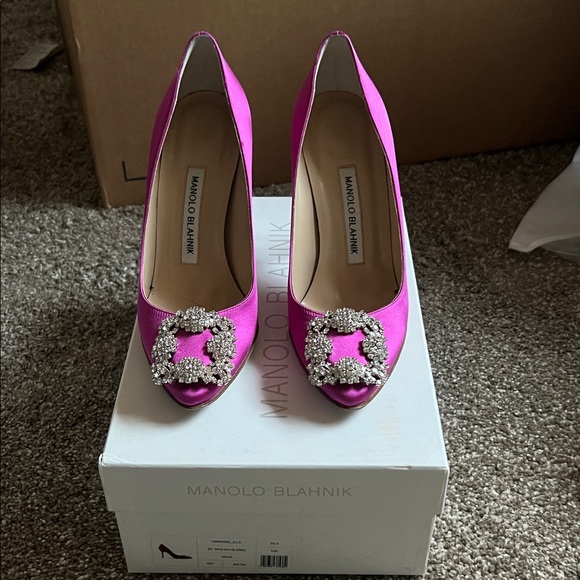 Manolo Blahnik Shoes - Manolo Blahnik Hot Pink Satin Pumps with Crystal Buckles